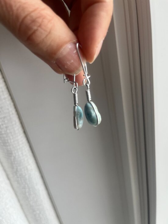 Natural Larimar Teardrop Wire-Wrapped Earrings - Picture 5 of 7